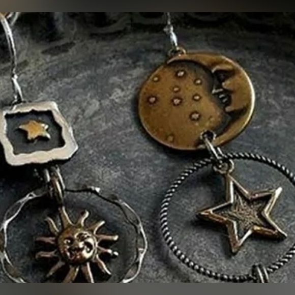 FREE PEOPLE Celestial Metal Boho Dangle Steampunk hook Earrings copper bronze - Picture 2 of 4